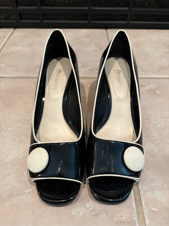 Etienne Aigner Shoes - Black & White Patent Peep-Toe Pumps
